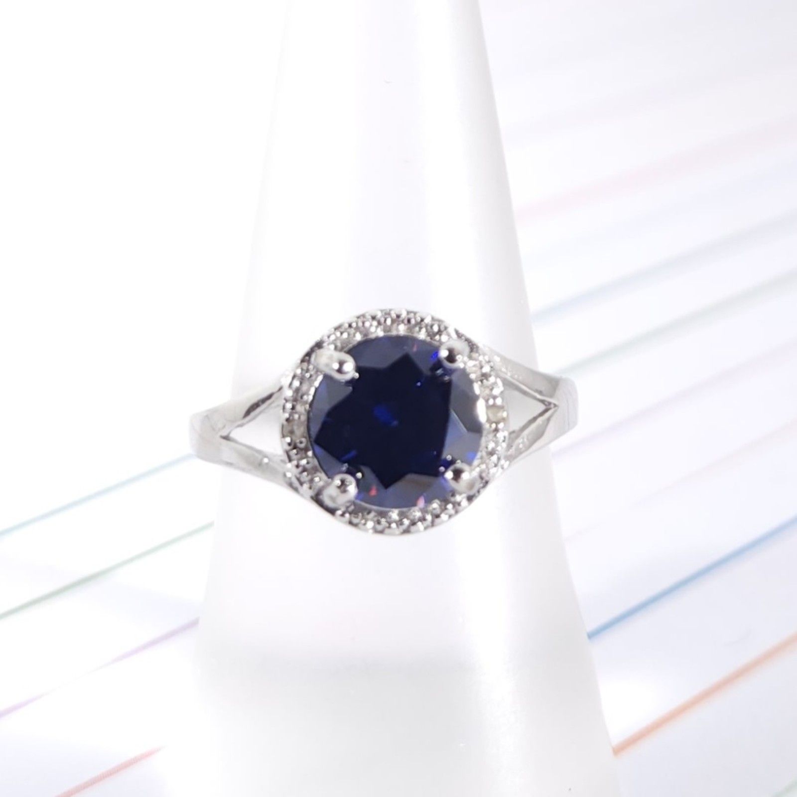 Simulated Tanzanite Halo Ring Size 7 1/2